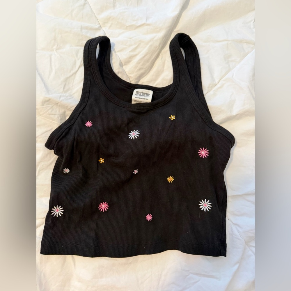 PINK Victoria’s Secret Black Ribbed Floral Embroidered Tank XS Built-in Bra